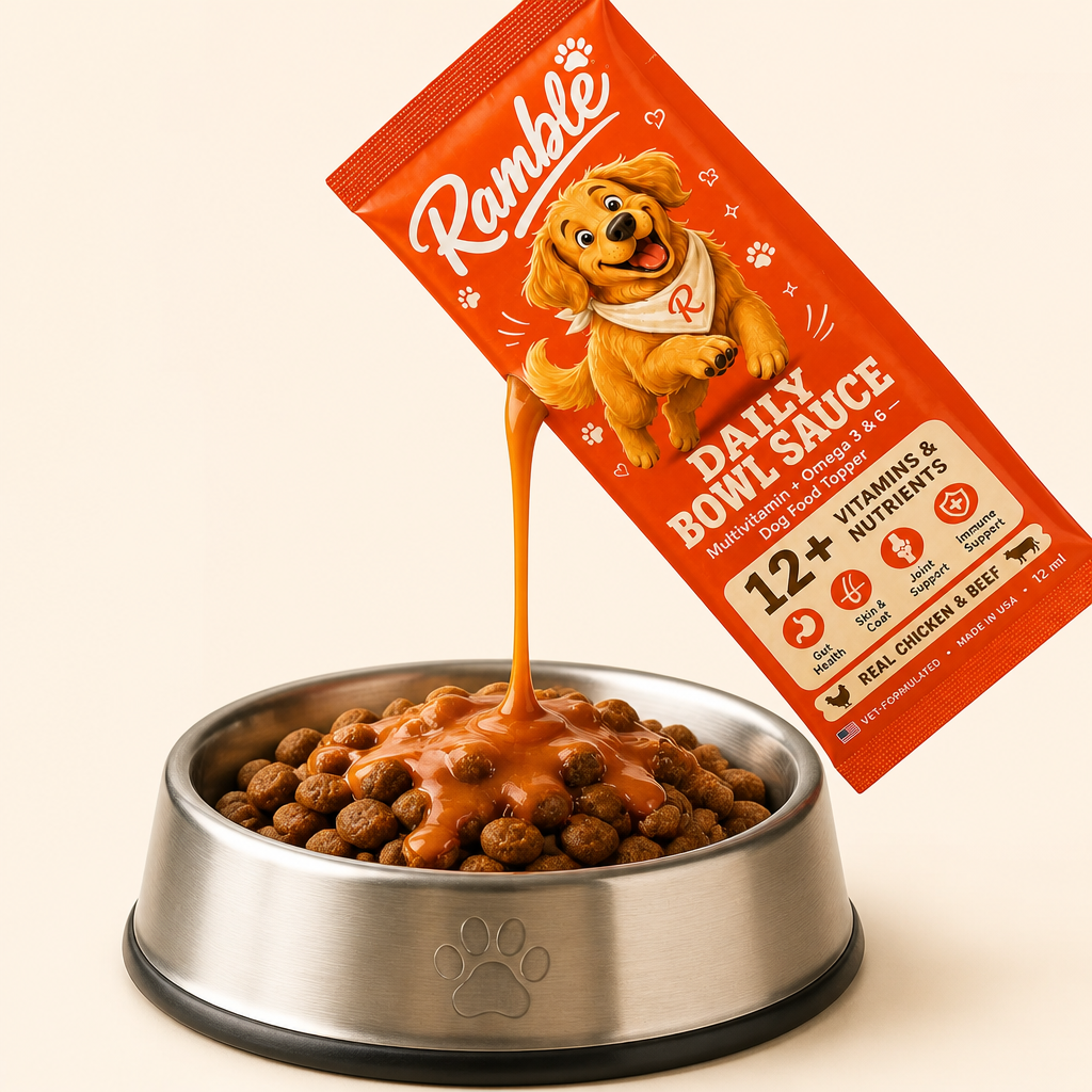 Ramble Daily Bowl Sauce poured over a bowl of kibble